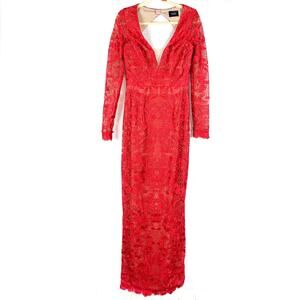 Marchesa Lace Gown Red Floral Dress Long Sleeve Cut Out Back V-Neck Sz 6